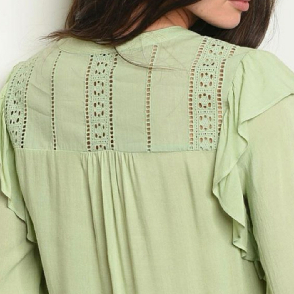 LAST 1❗️Boho Chic Sage Crochet Ruffle Long Sleeves Top - Picture 4 of 6